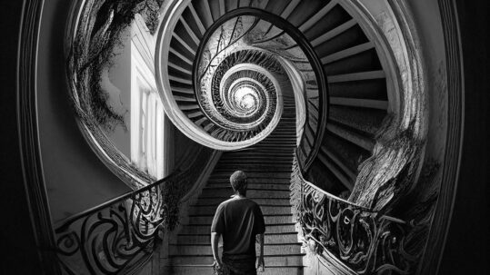 Man Stands at Bottom of Spiral Staircase, in the style of MC Escher